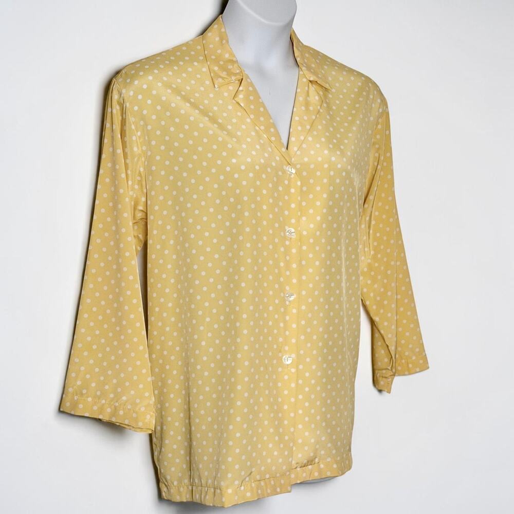 Vintage 80s 90s Natori Polka Dot Blouse Yellow Silk Feel Button Front Top Size L